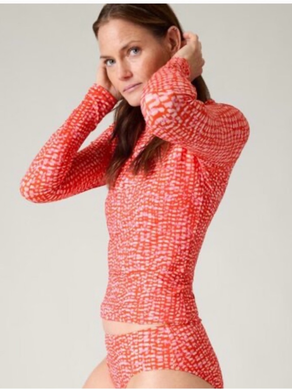 Athleta red and white Patterned Long Sleeve rash guard Top